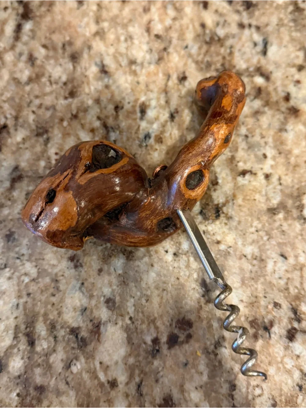 Vintage Burl Root Dark Wood Wine Corkscrew Primitive Rustic Folk Art Barware